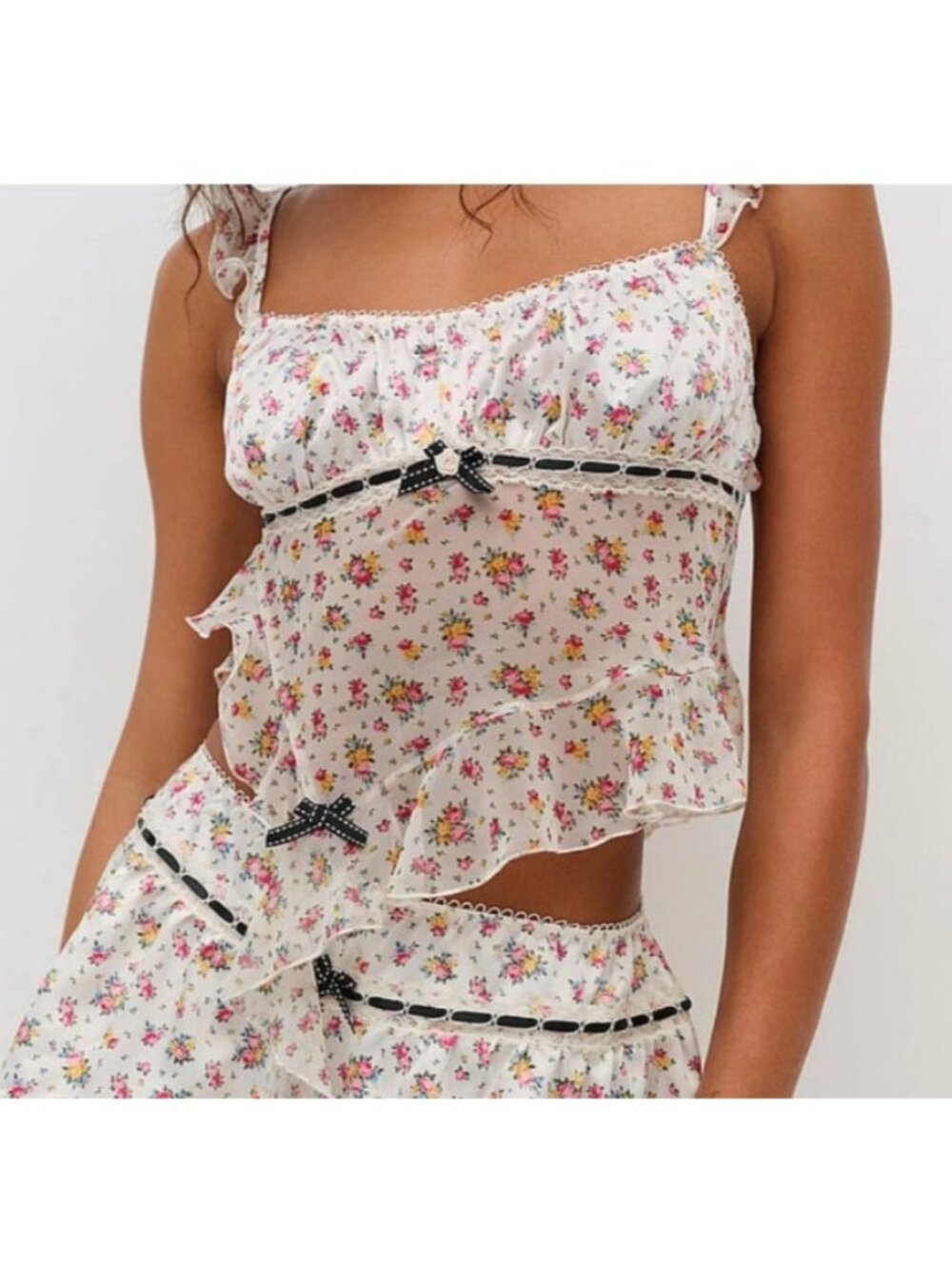 For Love & Lemons Ivory Floral Ruffle Cami Top Lace Bow Asymmetrical Y2K